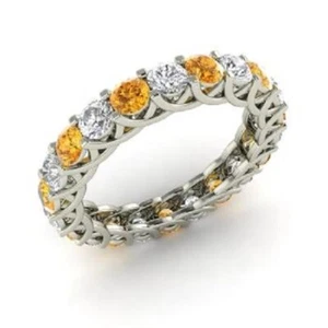 14K White Gold 2.64Ct Round Natural Citrine Diamond Eternity Wedding Band Size 7 - Picture 1 of 5