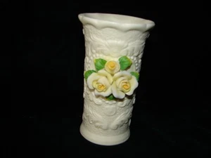 Handmade Cornerstone Creations Porcelain Ornate Vase With Applied Yellow Roses - Picture 1 of 1