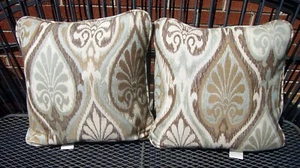 Sunbrella Damask Accent Pillow brown green teal Set 2 NICE Indoor Outdoor 15x15 - Picture 1 of 4