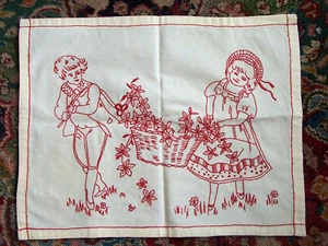 Vintage Red Work Tapestry Boy & Girl Carrying Basket Flowers Embroider 18 X 14" - Picture 1 of 7