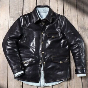 Men Cowhide Biker Zipper Jacket Tanned Leather Motorcycle Rider Coat - Picture 1 of 4