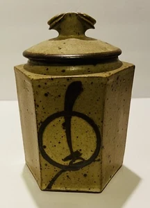 Stoneware Storage Canister Jar With Lid Signed Hexagon Shape - Picture 1 of 13