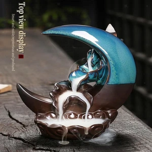 Waterfall Moon Backflow Incense Burner 6.3inch Tall Multifunctional Handmade - Picture 1 of 7