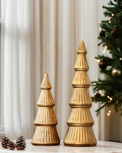 AOMOONOA Statuina Albero di Natale in Legno, 2 Pezzi Statuine Albero Oro, Decorativo... - Foto 1 di 9