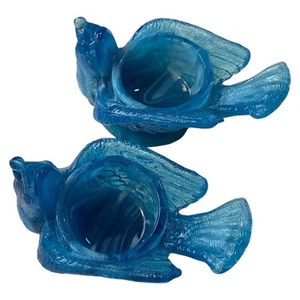 Boyd Glass Bird Cherry Seed Open Salt Candleholder Blue Fantasia Swirl Set of 2 - Picture 1 of 14