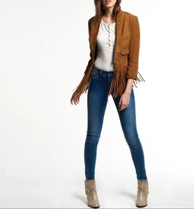 $275 Nuova con etichette Superdry Donna L Pelle Scamosciata Motociclista Neonomad Frange Giacca - Foto 1 di 17
