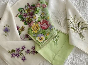 7 Vintage Floral Handkerchiefs Hand Rolled Linen VIOLETS & LILLY Of The VALLEY - Picture 1 of 6