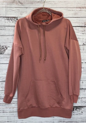 Boohoo Tunic Sweatshirt Women 4 Rose Pink Drawstring Kangaroo Pocket Polyester - Image 1 of 4