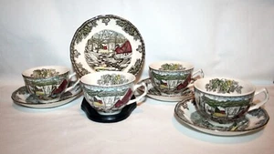 Johnson Bros Friendly Village Ice House Coffee Tea Cups Saucers 4 Sets - Picture 1 of 8