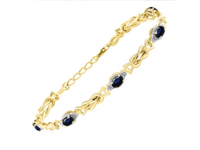 RYLOS SAPPHIRE & DIAMOND TENNIS BRACELET YELLOW GOLD PLATED SILVER 7-8"  - Image 1 of 4