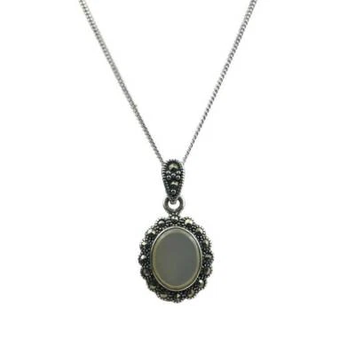 WHITE GOLD FINISH 1940s Retro Designer Opal Oval Pendant Necklace + Gift Box - Image 1 of 4