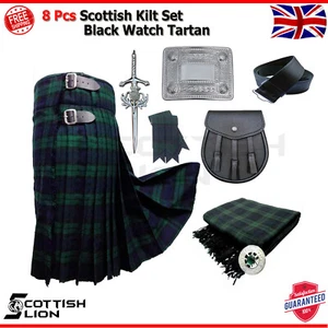 8 Pcs Traditional Scottish Highland Kilt Outfit Set Black Watch Tartan 5 Yards - Picture 1 of 1