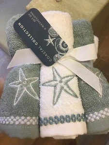 Coastal Collection BEACH House Cotton Washcloths Starfish Sage WHITE SET 6 - Picture 1 of 3