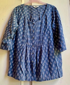 EAST Tunic Top 14 Blue Floral Cotton Hand Block Print Kaftan Smock - Picture 1 of 12