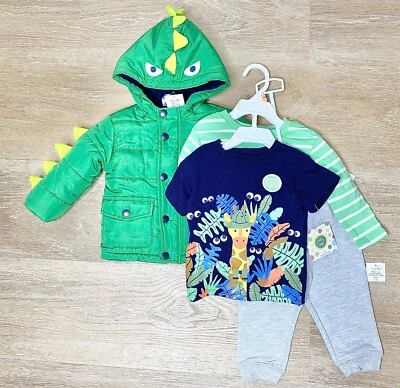 Conjunto de 4 piezas LITTLE ME Verde Dinosaurio Animal Selva Camiseta Pantalón Abrigo 12M Meses BEBÉ Foto 1 de 4
