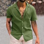 Mens Solid Short Sleeve Shirt Button Cotton Linen Shirt Shirts For Large Men