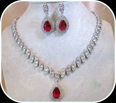 RUBY AAA GEMSTONE 18K GOLD FILLED LADIES NECKLACE EARRING SET - Image 1 of 4