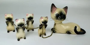 Gato mamá siamés porcelana Norcrest vintage + 4 gatitos con cadena en cesta Japón - Imagen 1 de 14