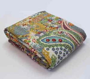 Indian Gray Paisley Indian Kantha Quilt Handmade Bedspread Queen Kantha Quilt - Picture 1 of 5