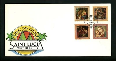 Postal History St. Lucia FDC #897-900 Christmas religion art paintings 1987 - Image 1 of 2