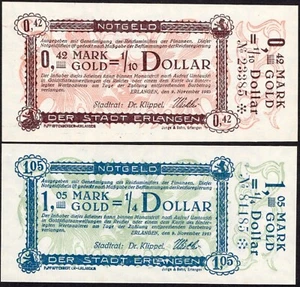 Oro 0,42 marcos = 1/10 dólar y oro de 1,05 marcos = 1/4 dólar 1923 - ERLANGEN #A8a-5 - Imagen 1 de 4
