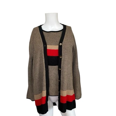 Винтажный San Remo кардиган комплект вязаный верхний желтовато-коричневый полоски женщин размер средний M - Изображение 1 из 4