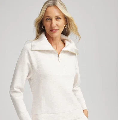 Chico’s Zenergy Heathered Scuba Satin Trim Sweatshirt Half- Zip Ivory Small - Image 1 of 4