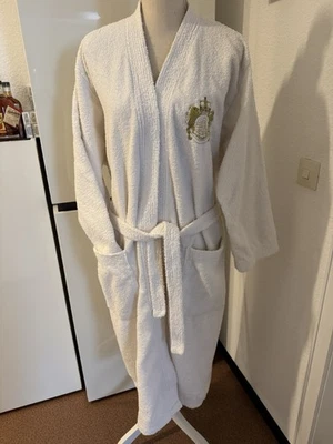 Bademantel Midi Damen Frottee  weiß 100% Baumwolle Größe L mit Stickerei in Gold - Bild 1 von 4