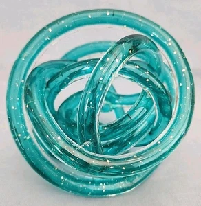 Art Glass Knot Rope Sculpture Hand Blown Greenish Blue Sparkling 6” Diameter - Picture 1 of 5