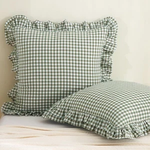 2 Pack Sage Green White Plaid Gingham Ruffle Pillow Shams, 100% Washed Cotton... - Picture 1 of 6