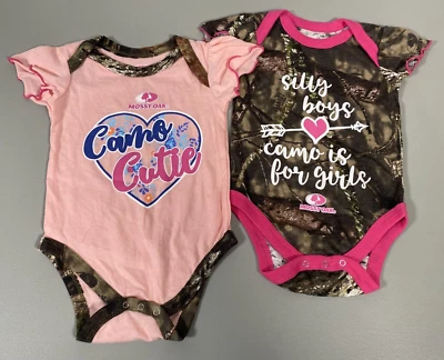 Mossy Oak Bodysuit Girls 0 3 Months Lot Pink Brown Camo Short Sleeve Cutie Silly - Image 1 of 4