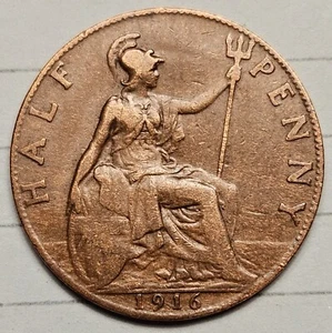 1916 GREAT BRITAIN- GEORGE V - 1/2 PENNY BRONZE COIN- KM# 809 High Grade - Picture 1 of 2
