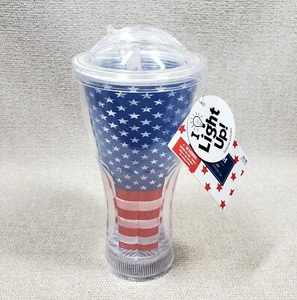 JULY 4TH LED Tumbler & Lid Flashing Light 16 oz. Patriotic Plastic Glass NEW - Picture 1 of 4
