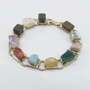 Brazalete de eslabones de piedras preciosas surtidas tono dorado boho lindo color divertido cuarzo 7,75" - Imagen 1 de 14