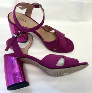 NEW IN BOX! Pollini UK6 fuchsia suedette sandals with crinkled metallic heels - Picture 1 of 14