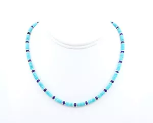 Sleek Thin 4mm Kingman Turquoise and Lapis Lazuli Heishi Necklace Choker Jewelry - Picture 1 of 4