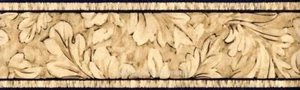 Acanthus Leaf Scroll Wallpaper Border Light brown tan, Navy Blue Edge 15'x51/8" - Picture 1 of 3