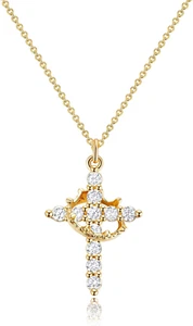 Easter Gifts Upgraded Crown Cross Necklace for Women 14K Gold Plated Crown Cross - Picture 1 of 12
