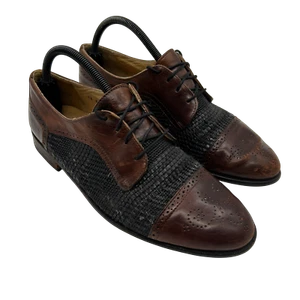 Johnston & Murphy Cellini Mens Size 8.5 Woven Oxford Cap Toe Brown Made In Italy - Picture 1 of 15