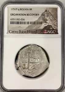 1751P q Bolivia 8 Reales NGC AU Scavi Recupero RARO Cerro Rico Hoard - Foto 1 di 2
