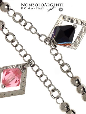 bracciale tutto argento 925 rombi satinati e swaroski 8mm rosa o nero AB  18 cm - Immagine 1 di 2