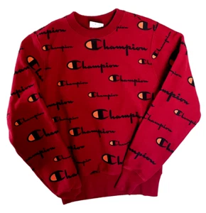 Champion Reverse Weave Sweatshirt Men S Red All Over Print AOP Logos - Picture 1 of 9