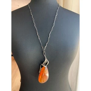 Signed MM 800 Silver Warsaw Poland Vintage Amber Huge Modern Pendant Necklace - Picture 1 of 8