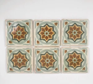 Vintage Hand Painted Matte Glaze Tiles Green Blue Abstract Mandela 4" Set of 6 - Picture 1 of 4