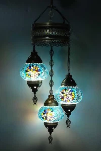 Turkish Ceiling Lamp, Mosaic Pendant Lamp Turkish Chandeliers 3 Globe Morocca... - Picture 1 of 4