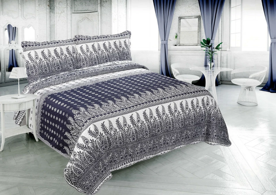 Embossed Pinsonic Printed Bedspread Coverlet Quilt Set Navy Branches Paisley - Image 1 of 4