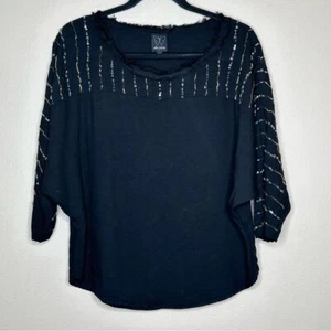 Ella Moss Beaded Fringe Neck Chain Black Blouse Women's Size Small - Picture 1 of 5