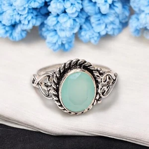Natural Aqua Chalcedony Gemstone Band Ring Size 925 Silver Ring For Women. - Picture 1 of 3