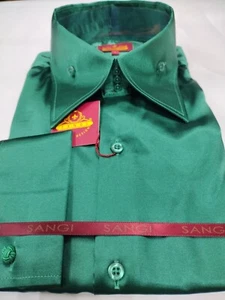 Mens Shiny Silky Lush Green Satin High Collar French Cuff Shirt SANGI SEBASTIAN - Picture 1 of 3