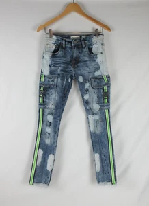 FWRD Boys 16 Jeans Denim Distressed Slim Fit Green Striped Buckle Side Belt - Picture 1 of 15